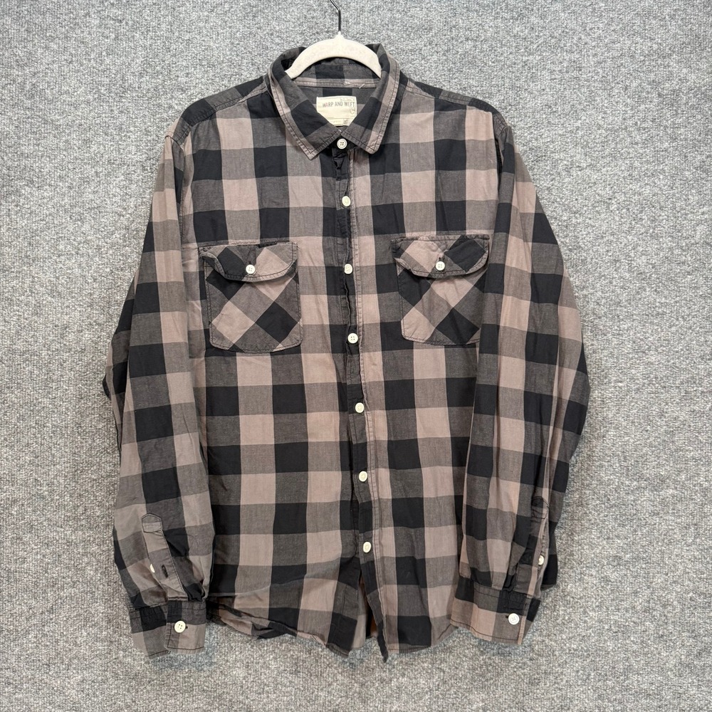 Warp and Weft Button‎ Down Shirt Mens XL Tan Buffalo Plaid Long Sleeve Casual
